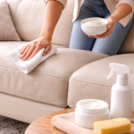 nettoyage d’un canapé en cuir avec chiffon microfibre dans un salon lumineux