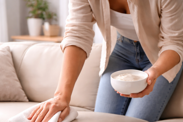 nettoyage d’un canapé en cuir avec chiffon microfibre dans un salon lumineux