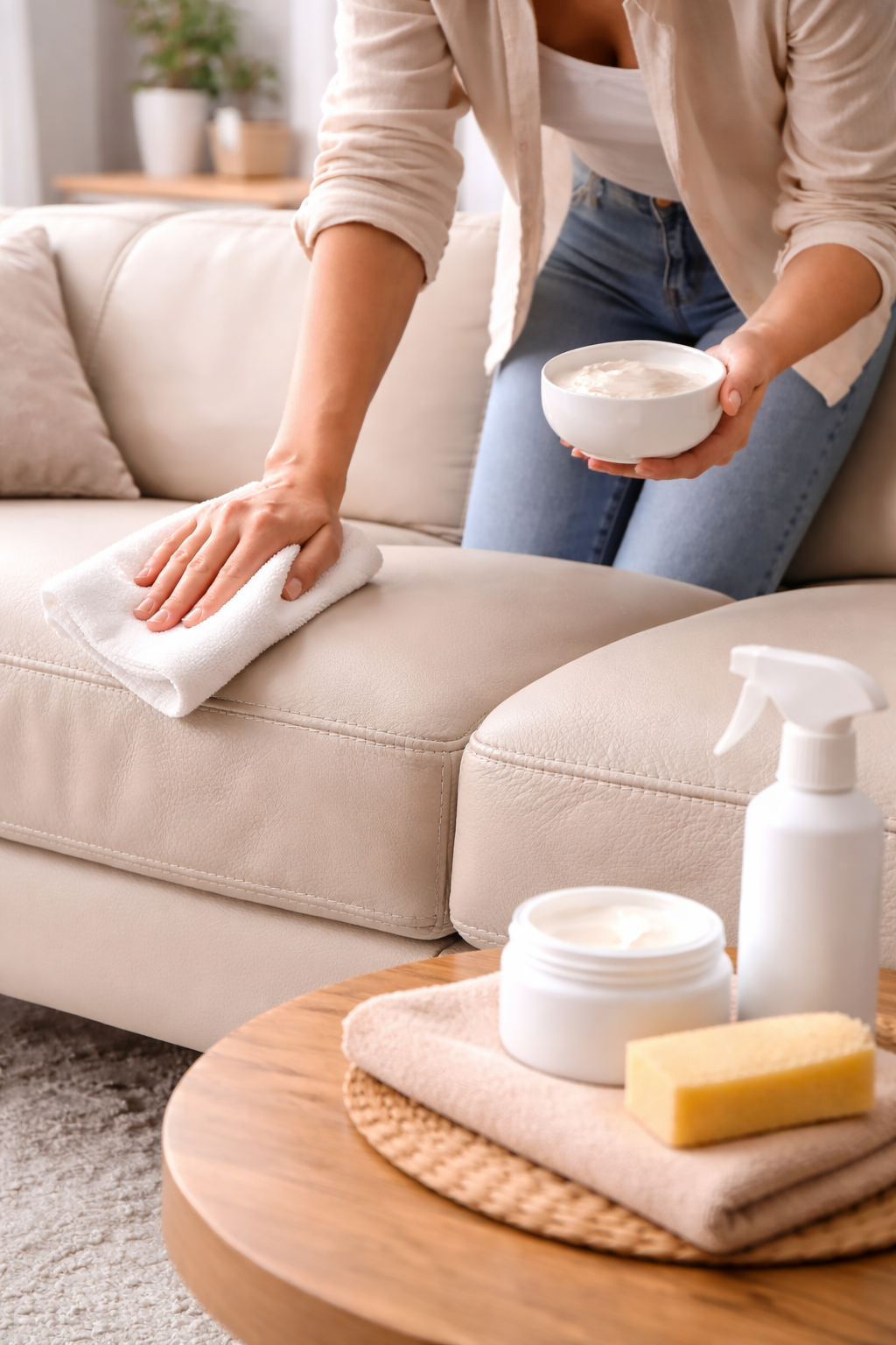 nettoyage d’un canapé en cuir avec chiffon microfibre dans un salon lumineux