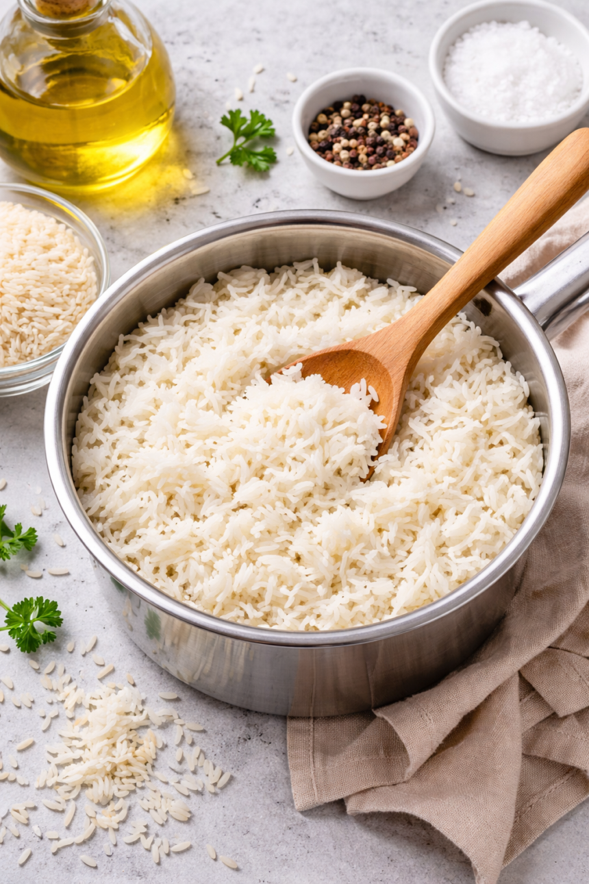 riz basmati cuit dans une casserole avec grains bien séparés