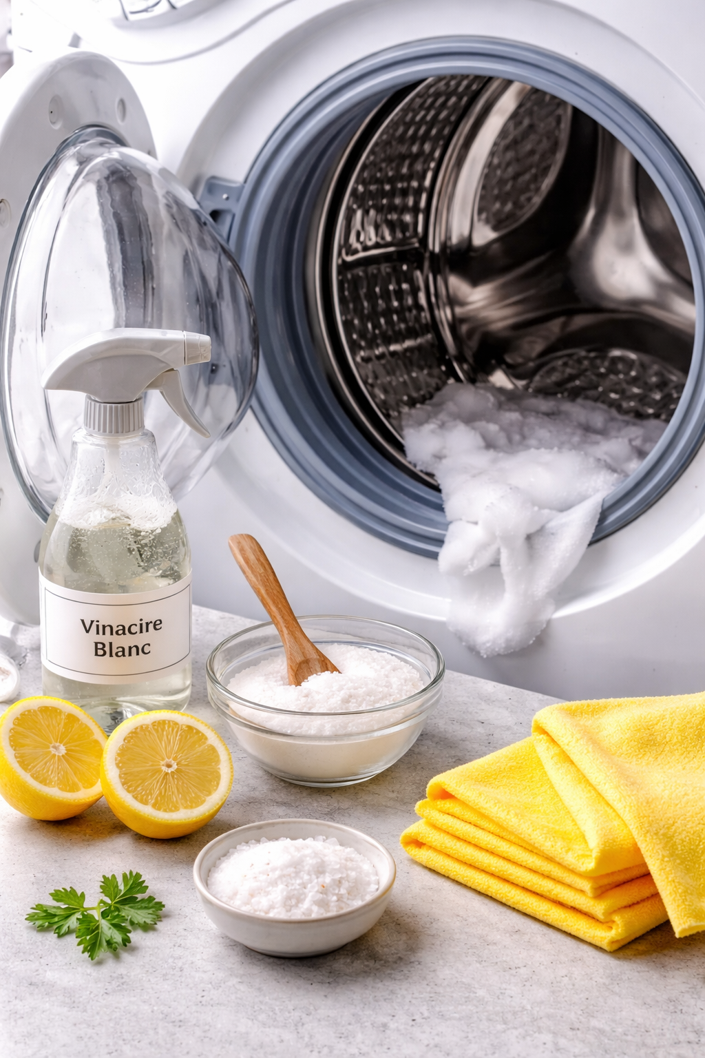 machine à laver ouverte avec produits de nettoyage pour enlever les mauvaises odeurs