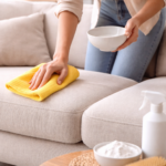 nettoyage d’un canapé en tissu avec chiffon microfibre et eau savonneuse