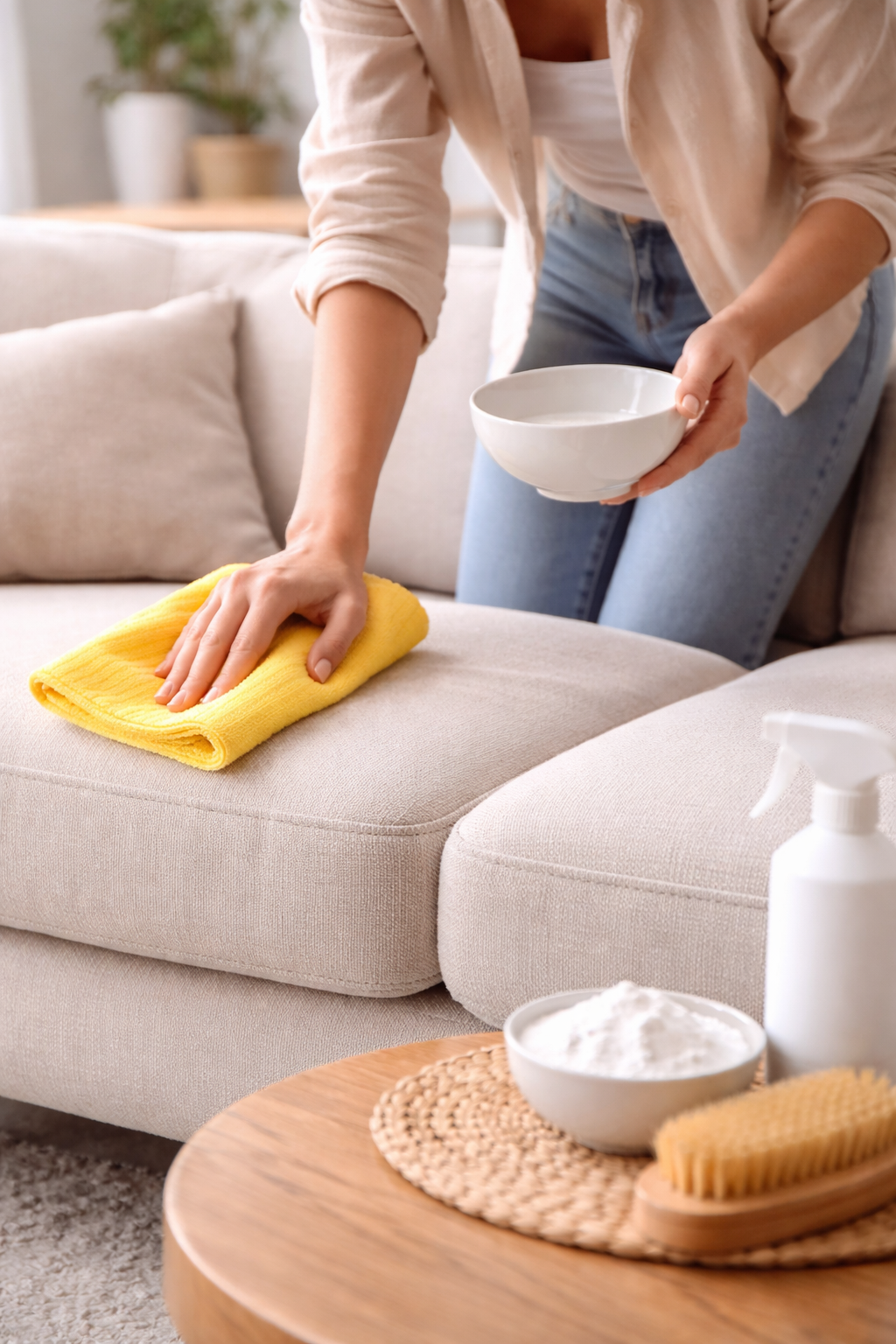 nettoyage d’un canapé en tissu avec chiffon microfibre et eau savonneuse