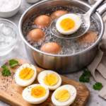 œufs durs en cuisson dans une casserole avec minuteur et refroidissement à l’eau glacée
