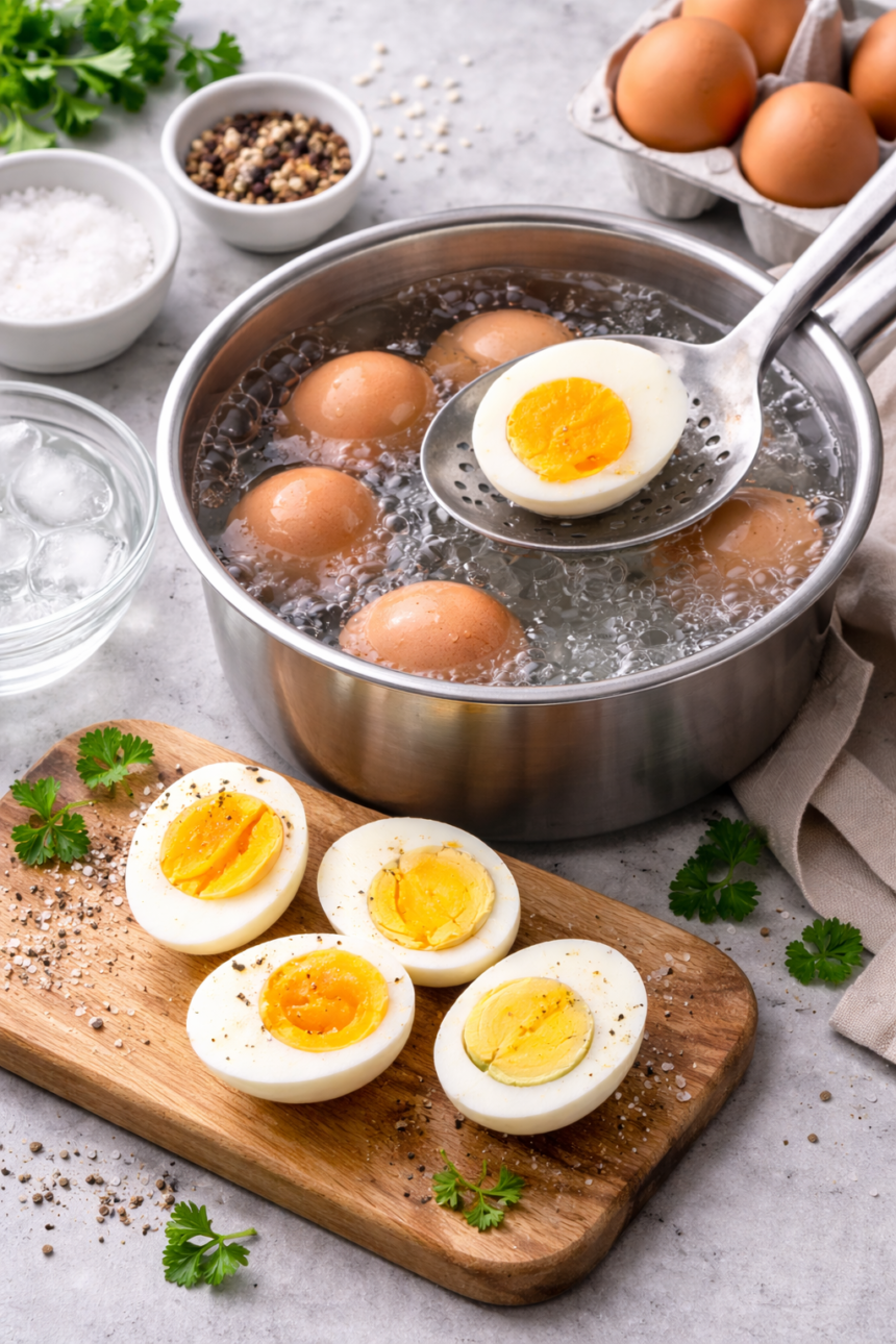 œufs durs en cuisson dans une casserole avec minuteur et refroidissement à l’eau glacée