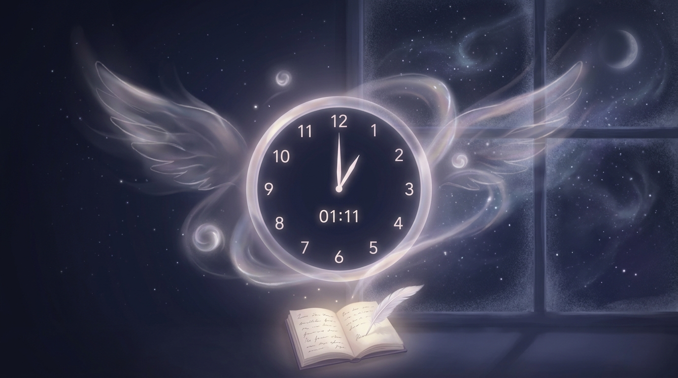Clock showing 01:11 at night surrounded by soft glowing spiritual and mystical light effects