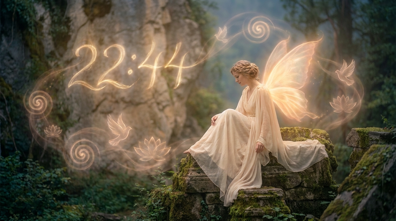 Angel emitting soft glowing light with the numbers 22:44 in a mystical spiritual context