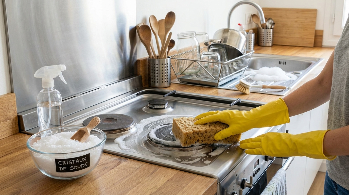 Person using soda crystals to clean a greasy kitchen surface with a sponge in a modern kitchen.