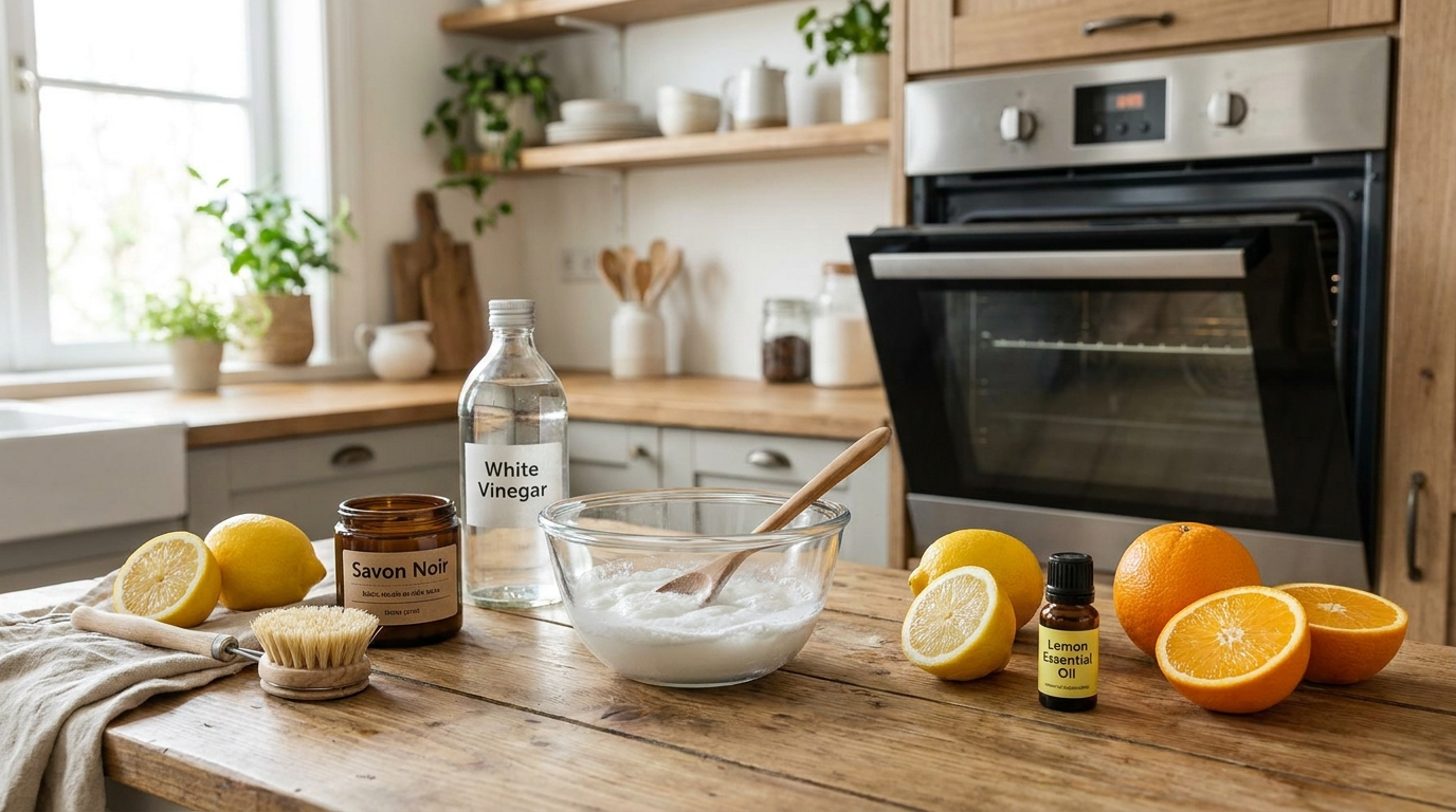 Homemade natural degreaser paste made from baking soda and vinegar with other natural ingredients for cleaning a kitchen oven.