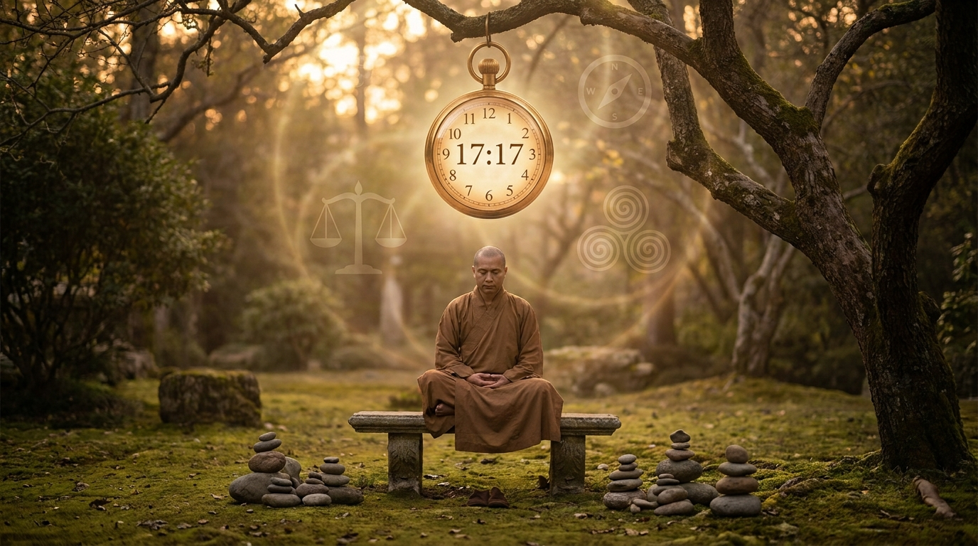 Person meditating peacefully with a glowing clock showing 17:17 surrounded by spiritual symbols