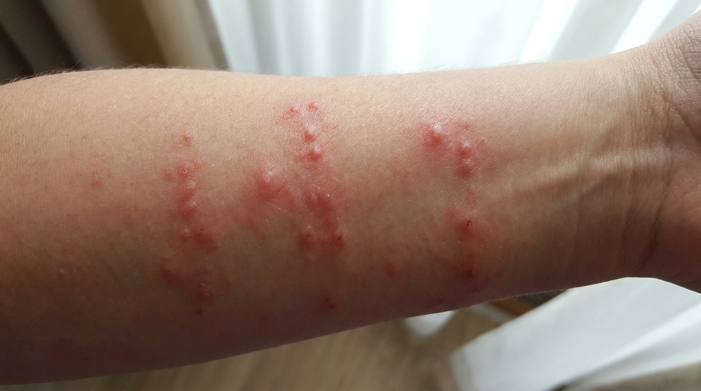 Close-up of human skin with distinctive clustered red bed bug bites