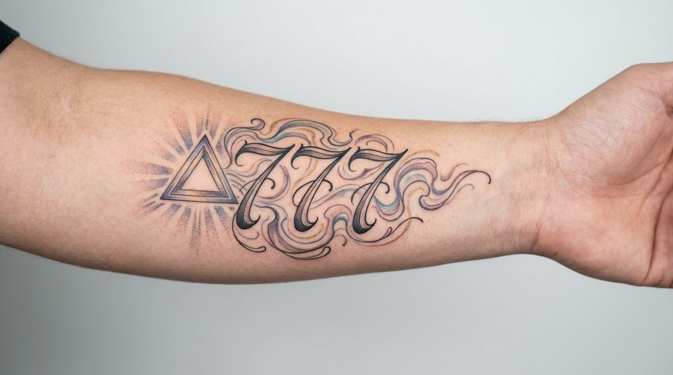 Tatouage réaliste du nombre 777 avec des symboles spirituels comme la Sainte Trinité et une aura mystique