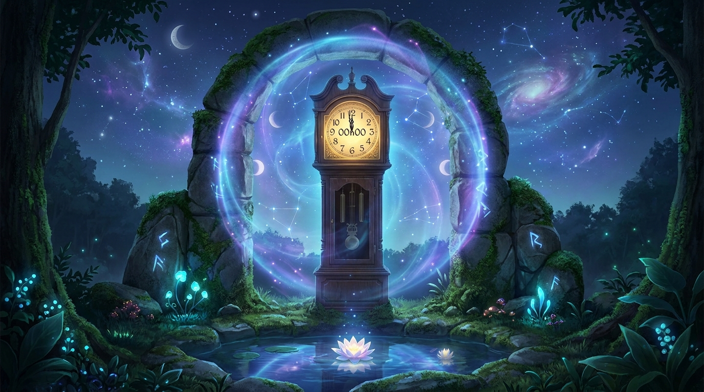 Horloge affichant 00h00 avec des motifs spirituels et cosmiques symbolisant le renouveau