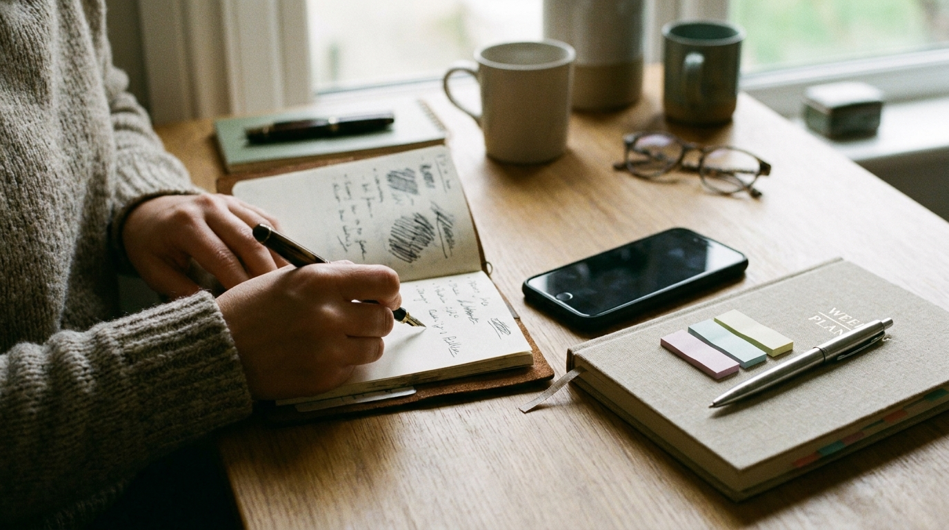 Mains d’une personne notant le contexte et une micro‑action dans un carnet, juste après avoir remarqué l’heure miroir 16h16; smartphone posé à côté et planner hebdomadaire sans texte visible.