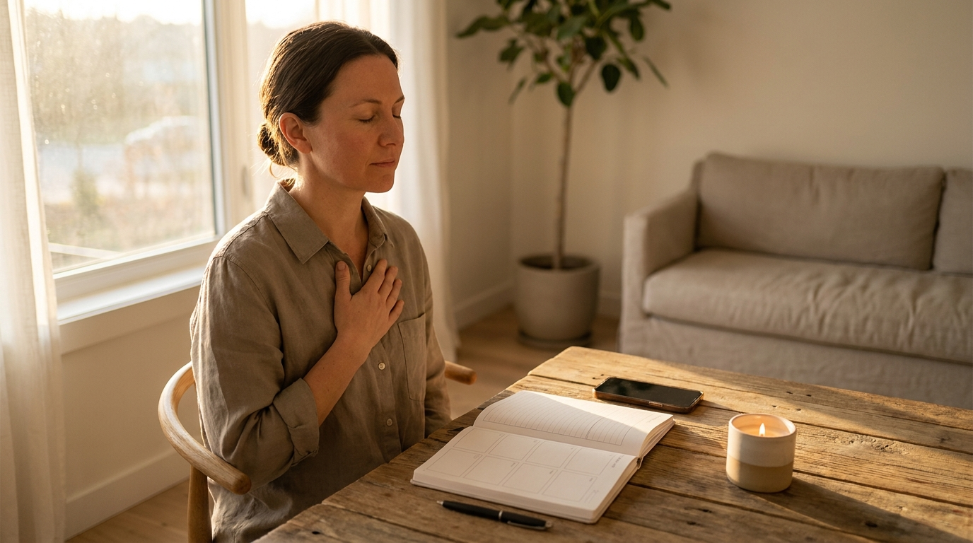 Pause pratique après une heure miroir : respiration calme, carnet ouvert pour noter, téléphone posé, lumière de fin de journée.