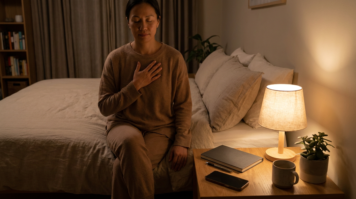Rituel du soir: une personne respire calmement au bord du lit, avec un carnet et un stylo prêts sur la table de chevet et le téléphone posé face contre la table, dans une lumière chaude et apaisante.