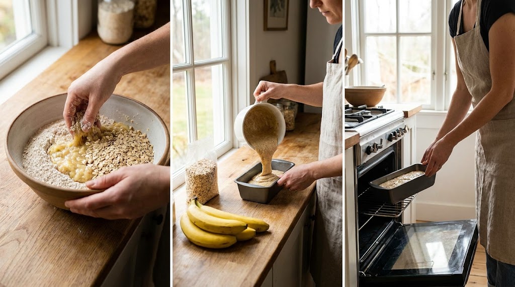 Person preparing healthy banana bread step-by-step in a kitchen