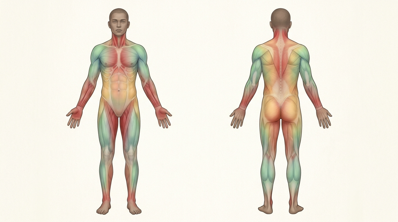 Carte corporelle de la douleur tatouage: dégradé sans texte indiquant zones plus supportables (épaules, extérieur avant-bras, cuisses, mollets) et zones plus sensibles (côtes, sternum, colonne, intérieur bras/cuisses, mains, poignets, chevilles, pieds, cou).