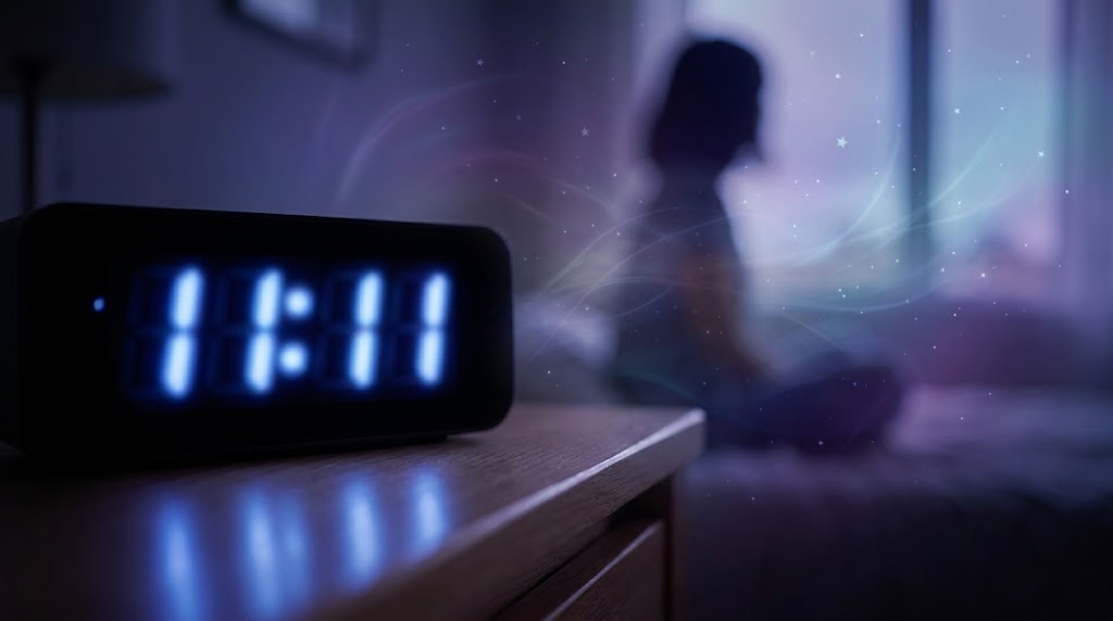 Digital clock showing the mirrored hour 11:11 with a glowing aura and a contemplative human silhouette representing spiritual and psychological interpretations.