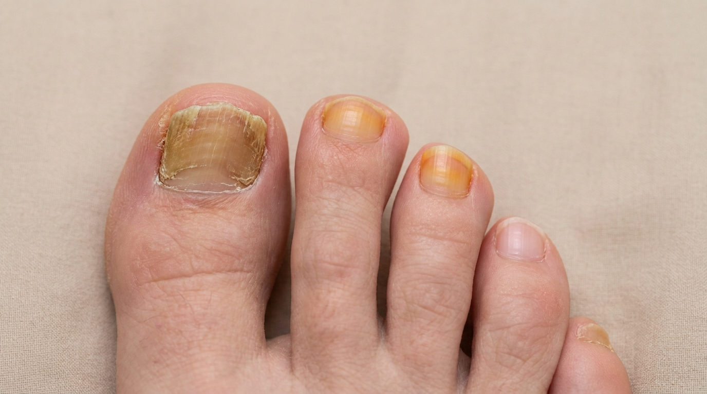 Close-up of foot with toenails showing different causes of yellow discoloration: fungal infection, nail polish effect, and healthy nails