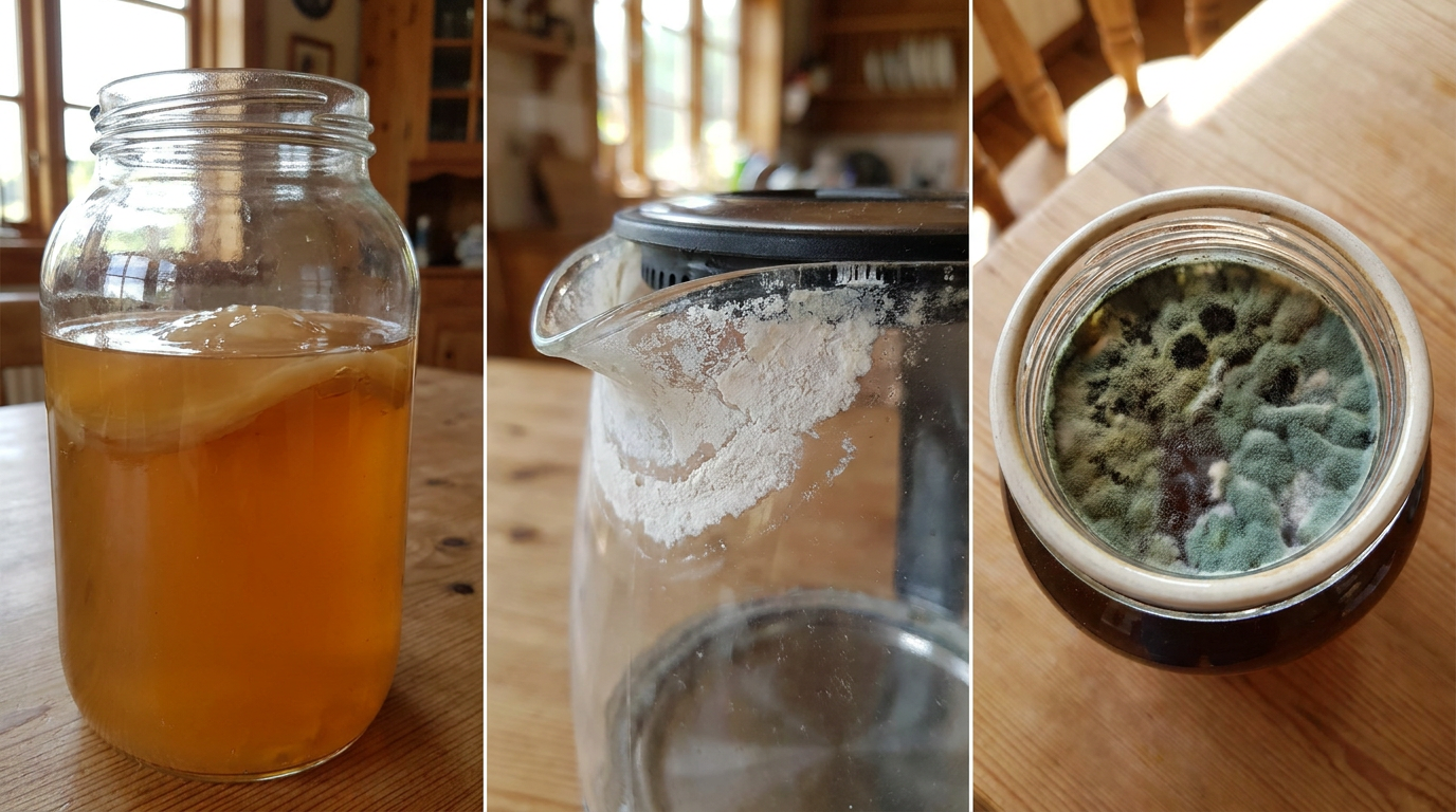 Comparatif visuel: à gauche, une mère de vinaigre gélatineuse et translucide dans un bocal; au centre, un dépôt calcaire blanc et dur sur du verre; à droite, une moisissure duveteuse verte/noire à la surface d’un liquide.