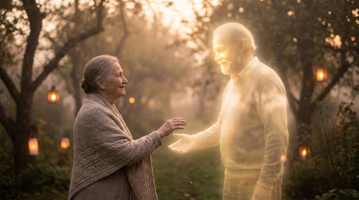 A living person dreaming of a deceased loved one who appears to speak to them, symbolizing comfort and messages from beyond