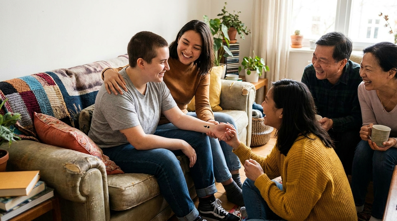 Person with a semicolon tattoo on wrist, supported by friends symbolizing resilience and mental health support