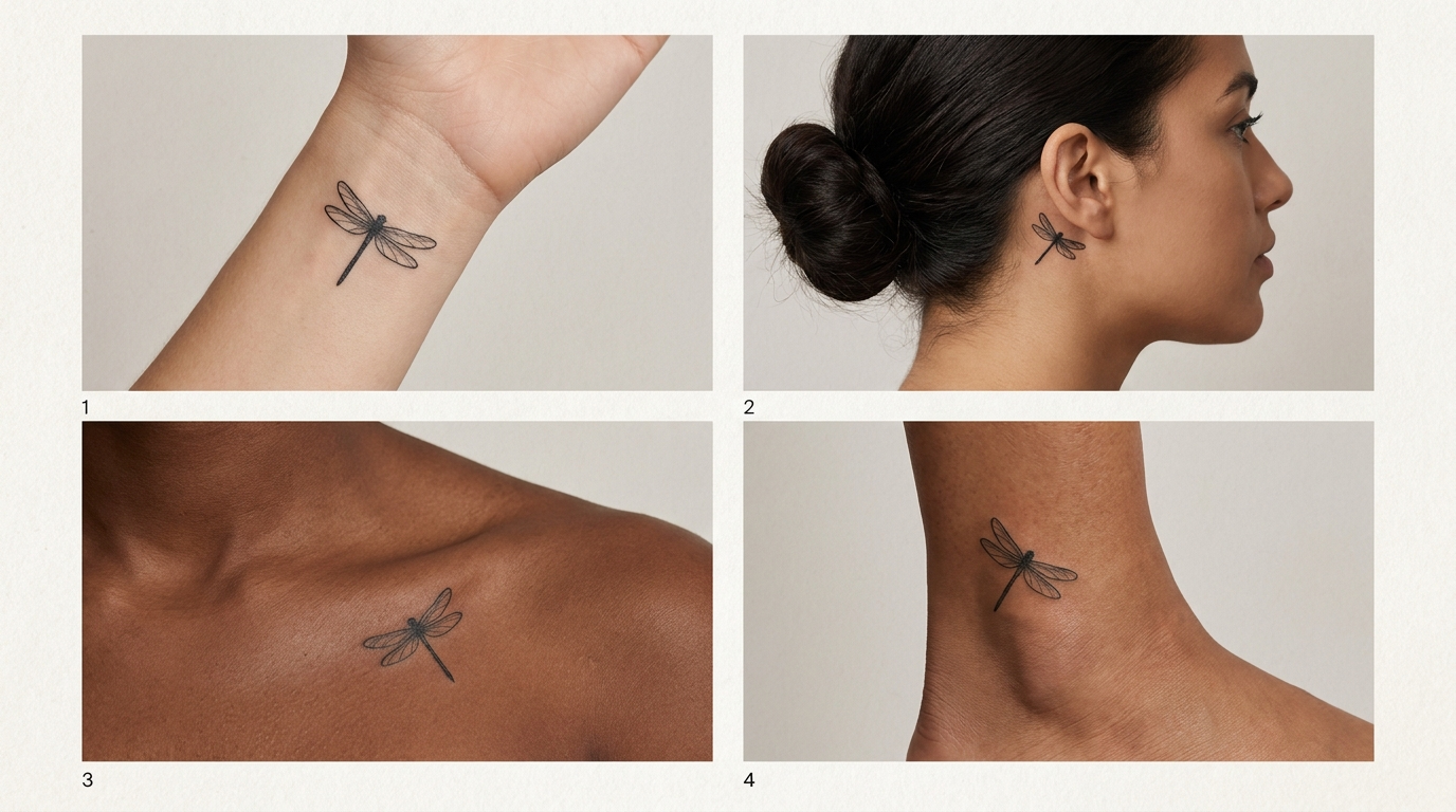 Planche comparative montrant un tatouage libellule fineline placé au poignet intérieur, derrière l’oreille, sur la clavicule et à la cheville, orienté vers le haut pour suggérer l’ascension.