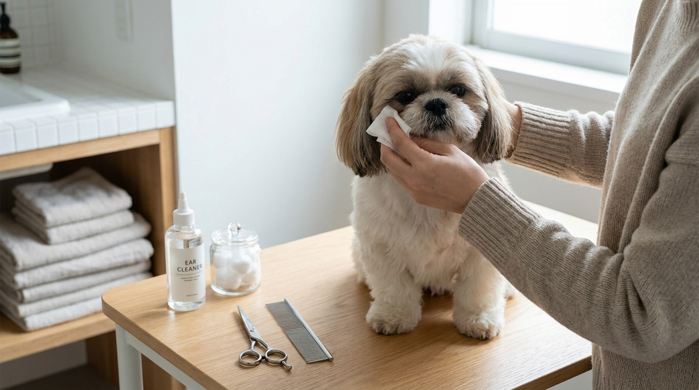Nettoyage quotidien du contour des yeux et vérification des oreilles d’un Shih Tzu par son propriétaire, avec compresse stérile et accessoires de toilettage à domicile.