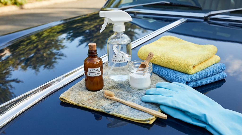 Matériel et produits pour nettoyer les chromes d'une voiture posés près d'une partie chromée